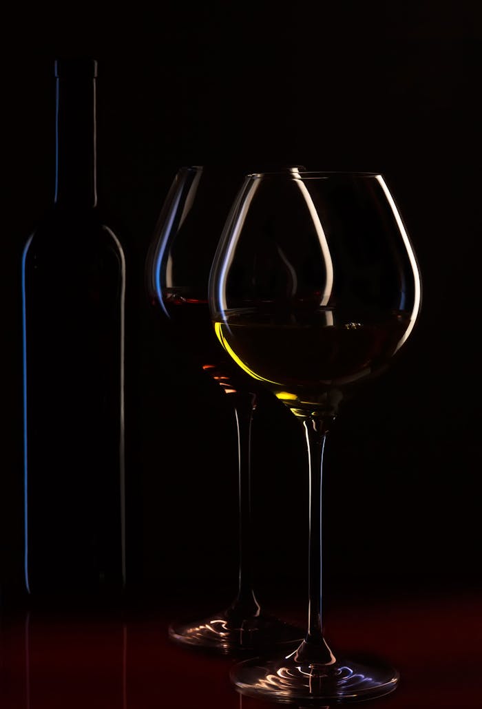Elegant silhouette of wine glasses with a bottle in moody lighting, perfect for a classy atmosphere.
